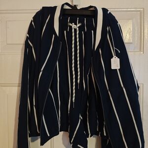 Free People Navy and White Striped Bomber Jacket